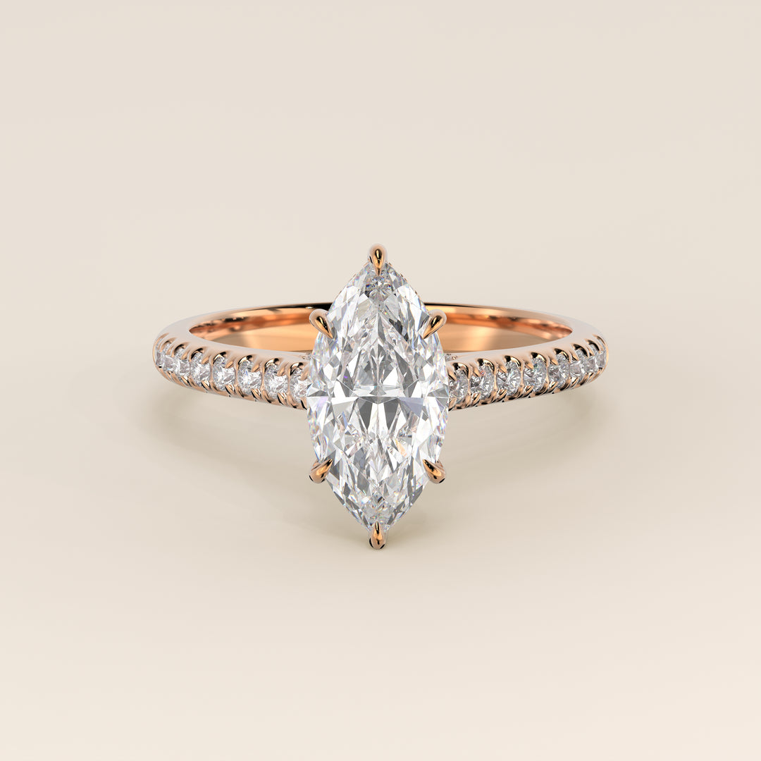 Verlovingsring marquise lab grown diamant met pave band, hidden halo en diamond bridge, rosegoud
