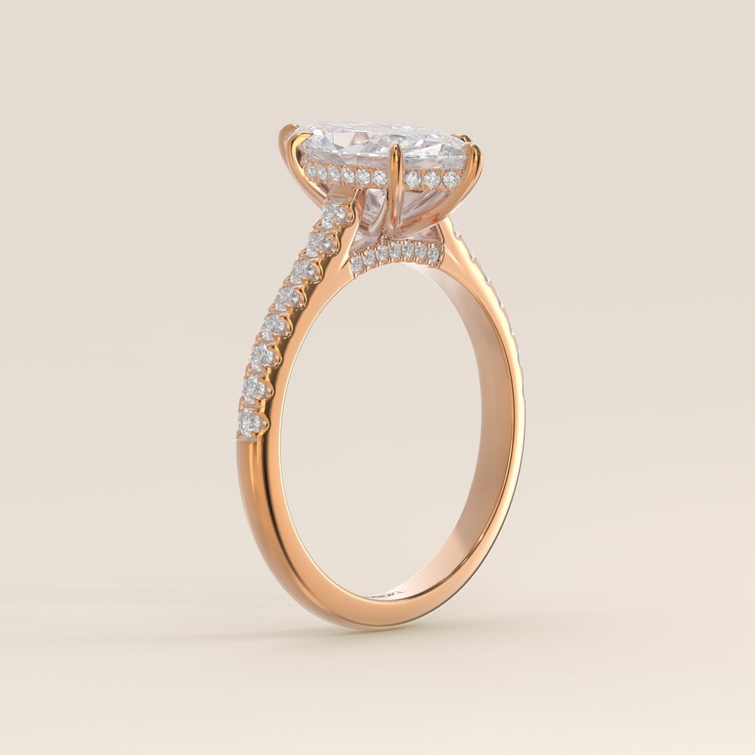 Verlovingsring marquise lab grown diamant met pave band, hidden halo en diamond bridge, rosegoud