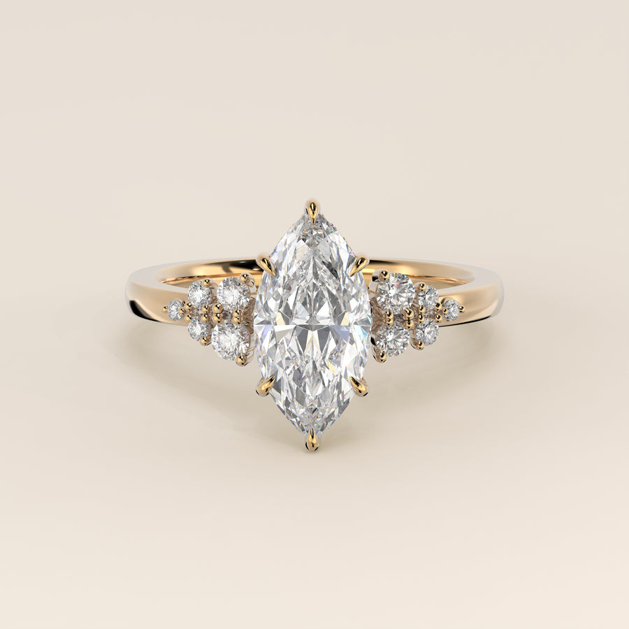 Verlovingsring marquise lab grown diamant met snowdrift en hidden halo, geelgoud