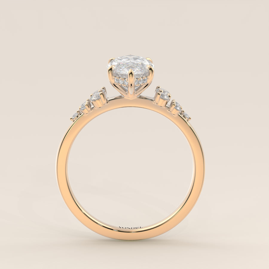 Verlovingsring marquise lab grown diamant met snowdrift en hidden halo, geelgoud