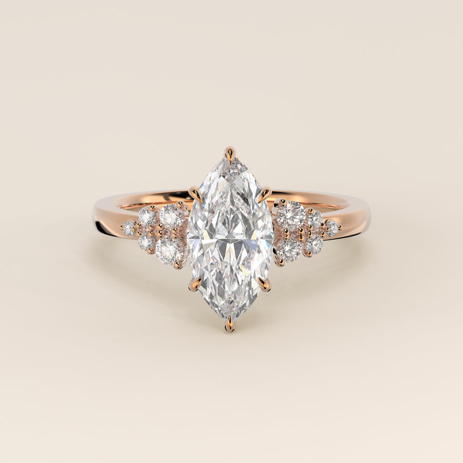 Verlovingsring marquise lab grown diamant met snowdrift en hidden halo, rosegoud