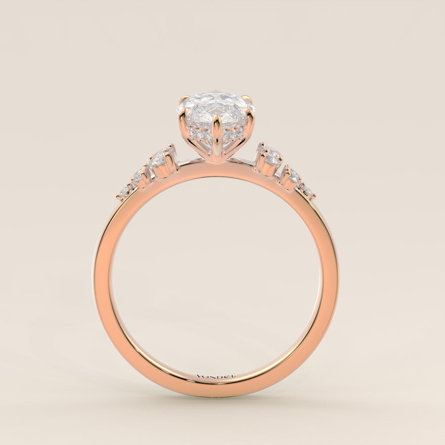 Verlovingsring marquise lab grown diamant met snowdrift en hidden halo, rosegoud