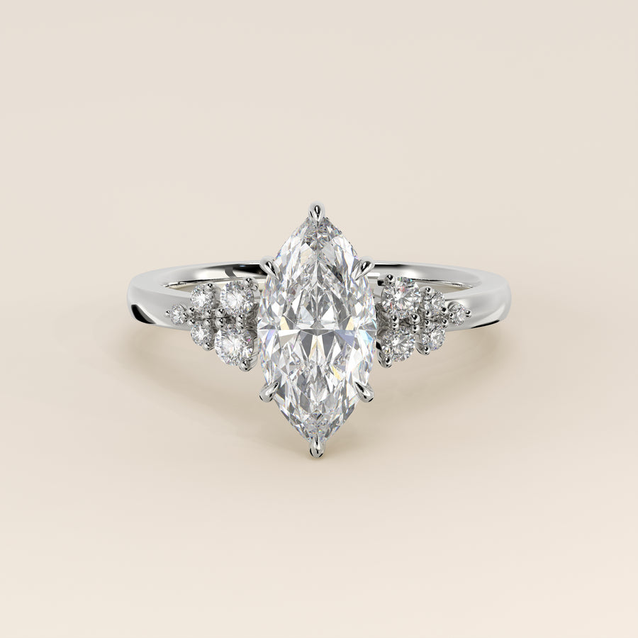 Verlovingsring marquise lab grown diamant met snowdrift en hidden halo, witgoud