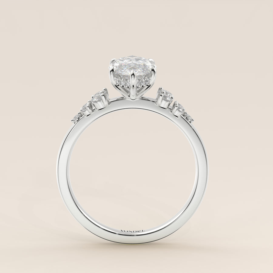 Verlovingsring marquise lab grown diamant met snowdrift en hidden halo, witgoud