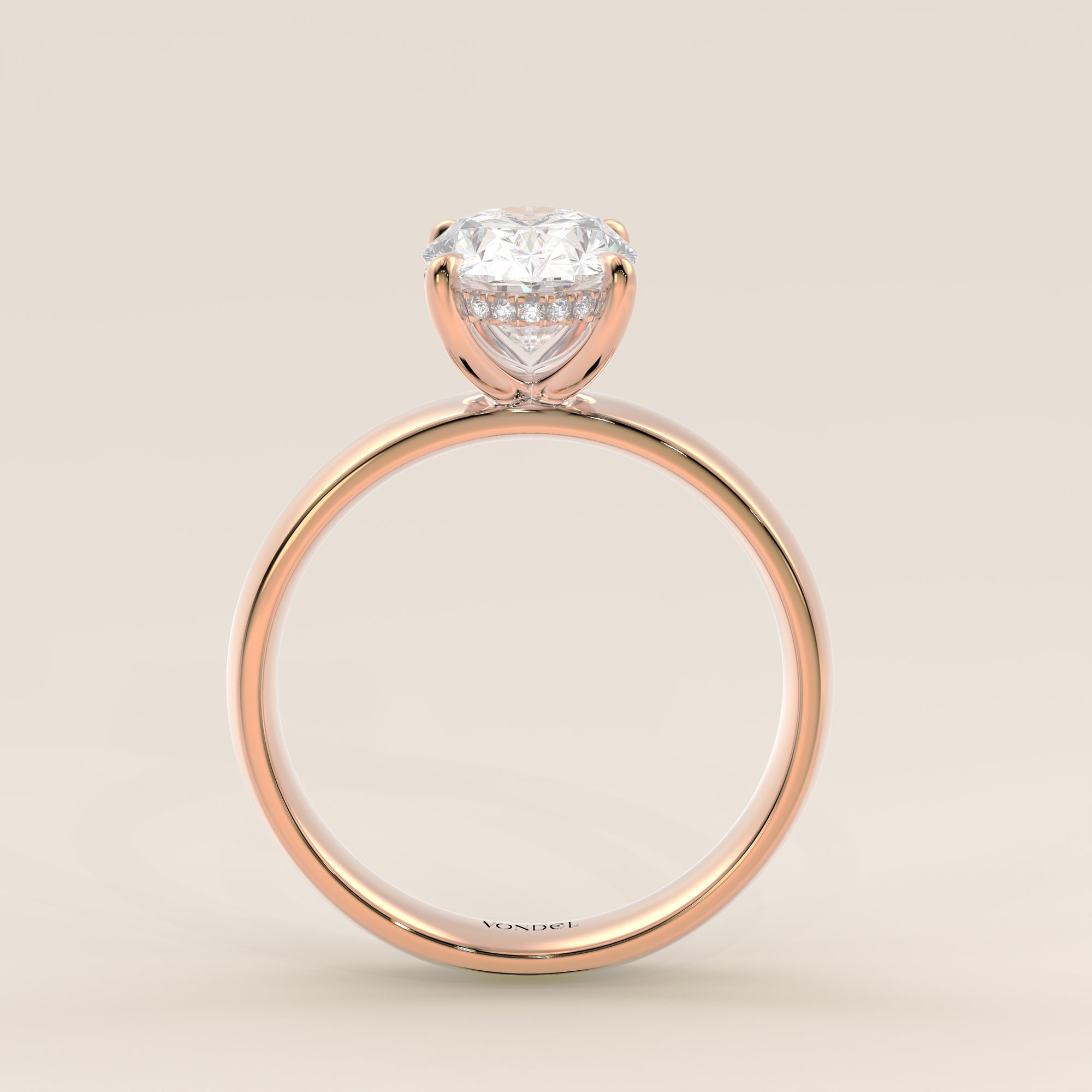 Verlovingsring ovaal lab grown diamant met brede band en hidden halo, rosegoud