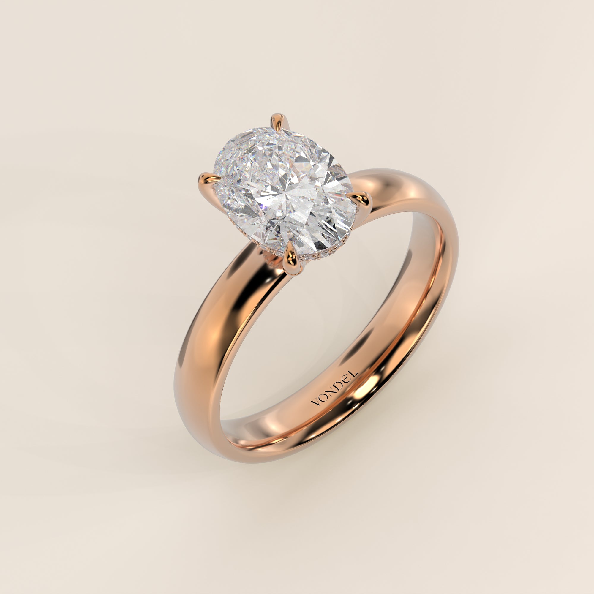 Verlovingsring ovaal lab grown diamant met brede band en hidden halo, rosegoud