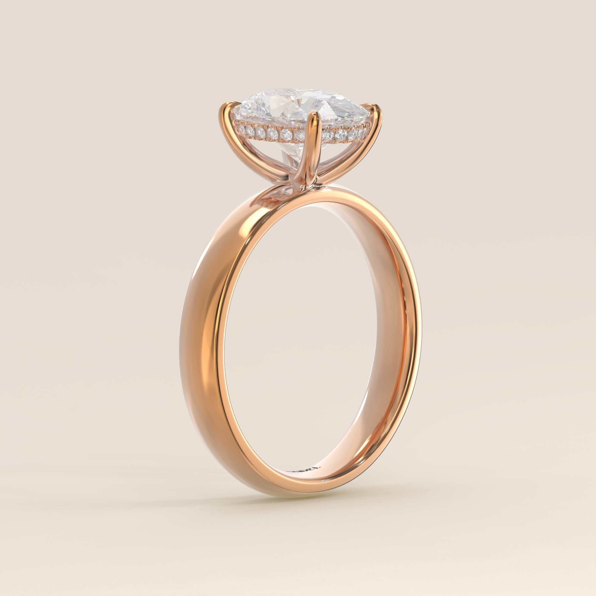 Verlovingsring ovaal lab grown diamant met brede band en hidden halo, rosegoud