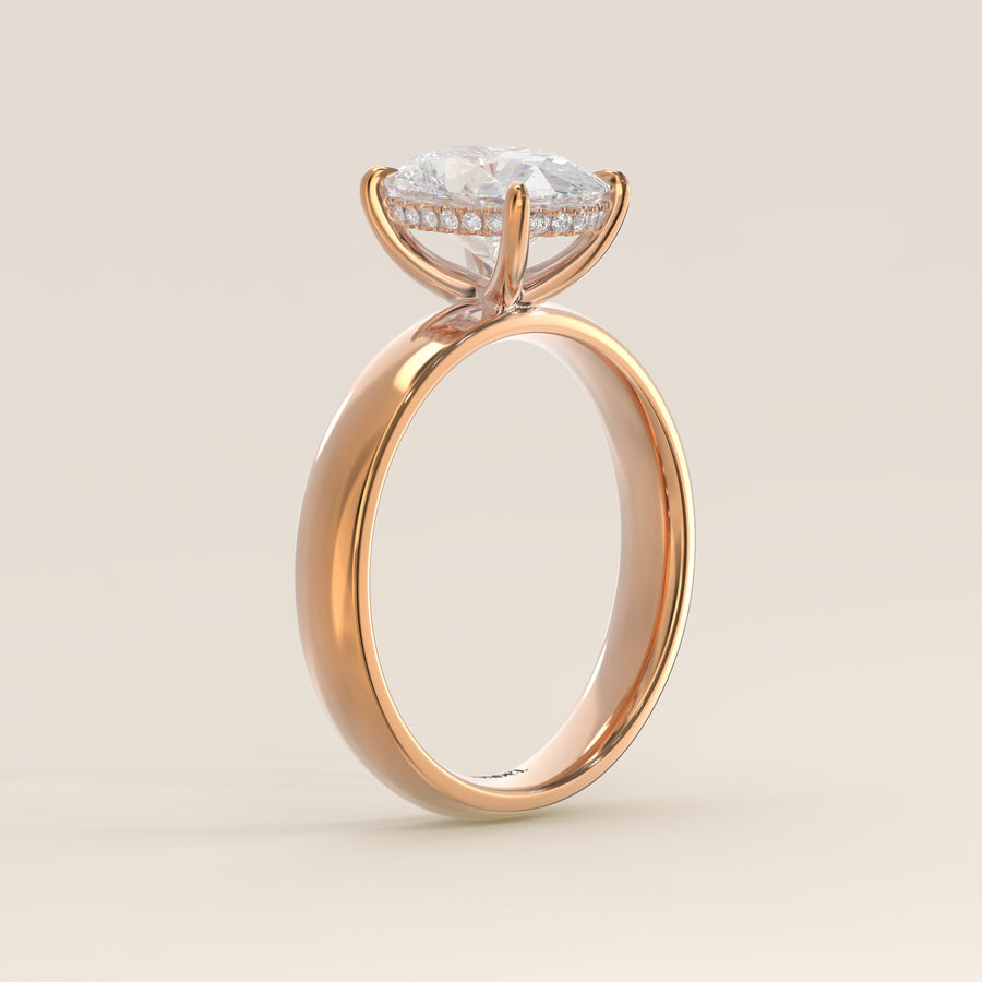 Verlovingsring ovaal lab grown diamant met brede band en hidden halo, rosegoud