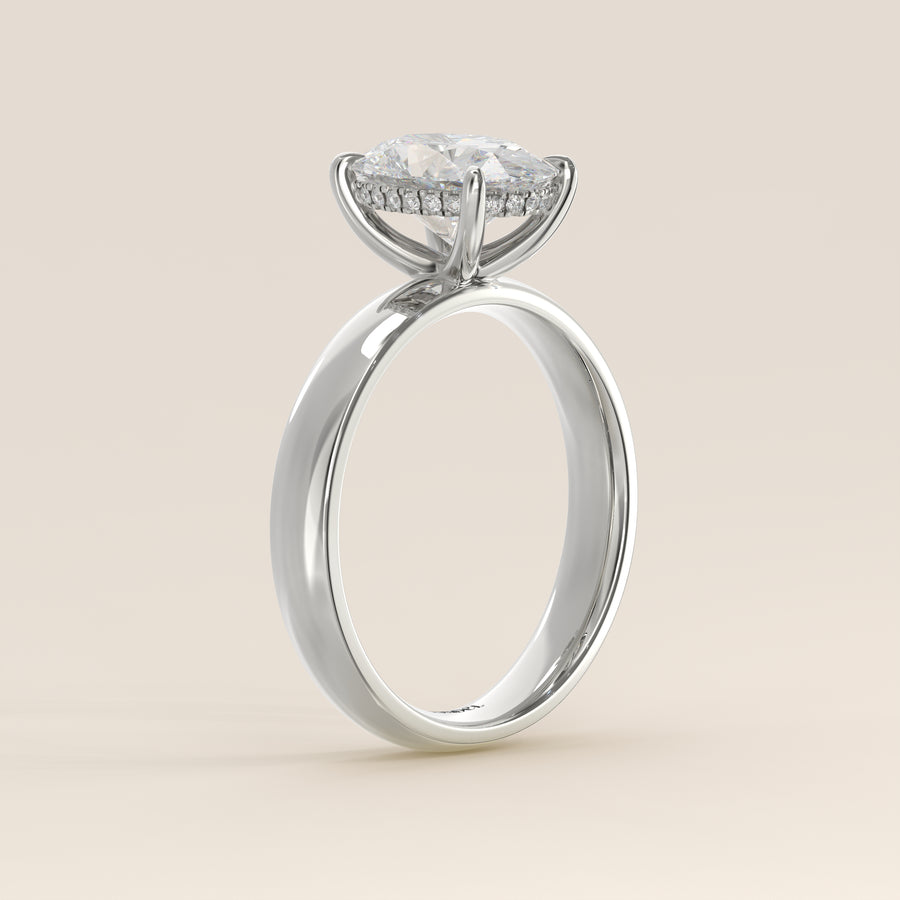 Verlovingsring ovaal lab grown diamant met brede band en hidden halo, witgoud
