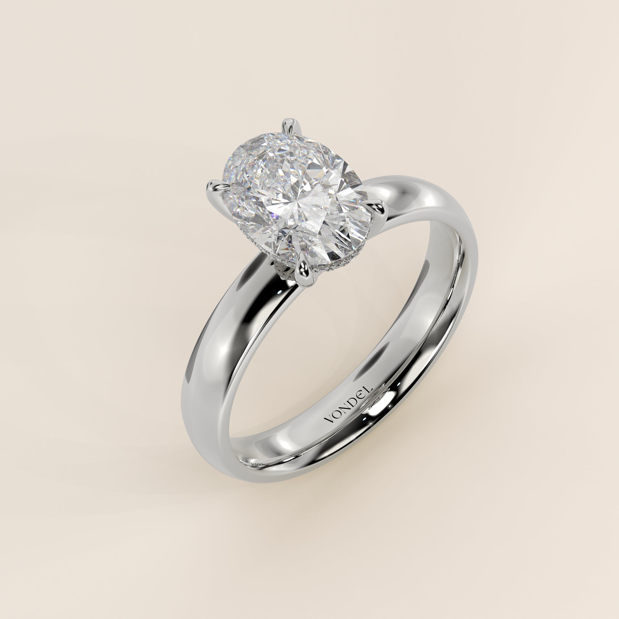 Verlovingsring ovaal lab grown diamant met brede band en hidden halo, witgoud