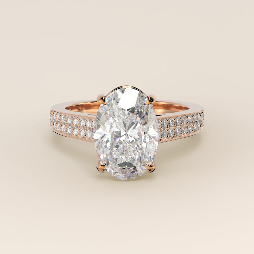 Verlovingsring ovaal lab grown diamant met brede pave band, cathedral setting en hidden halo, rosegoud