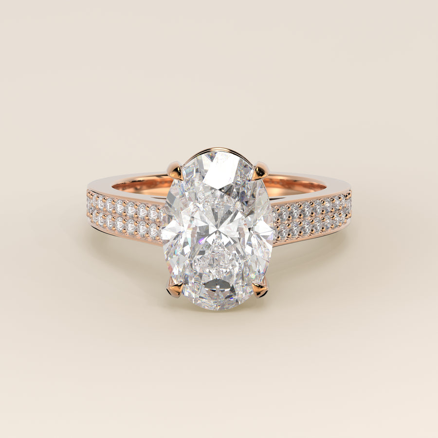 Verlovingsring ovaal lab grown diamant met brede pave band, cathedral setting en hidden halo, rosegoud