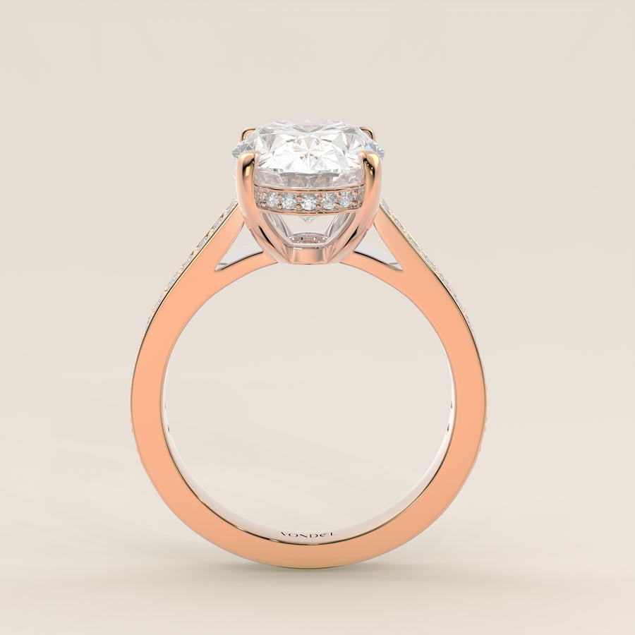 Verlovingsring ovaal lab grown diamant met brede pave band, cathedral setting en hidden halo, rosegoud
