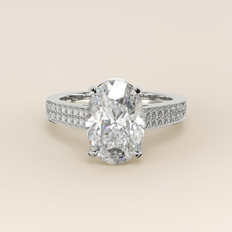 Verlovingsring ovaal lab grown diamant met brede pave band, cathedral setting en hidden halo, witgoud