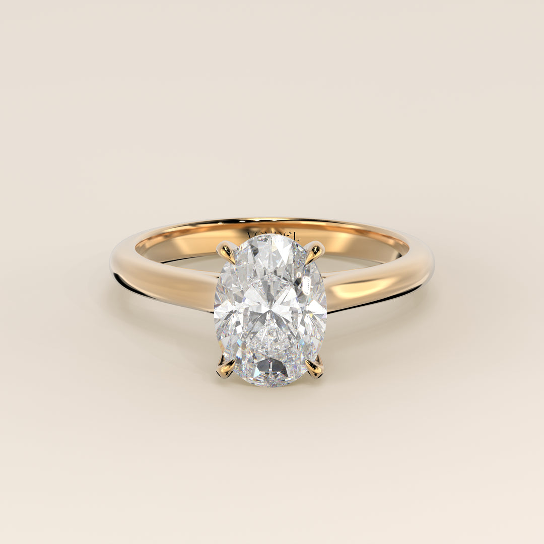 Verlovingsring ovaal lab grown diamant met cathedral setting, geelgoud