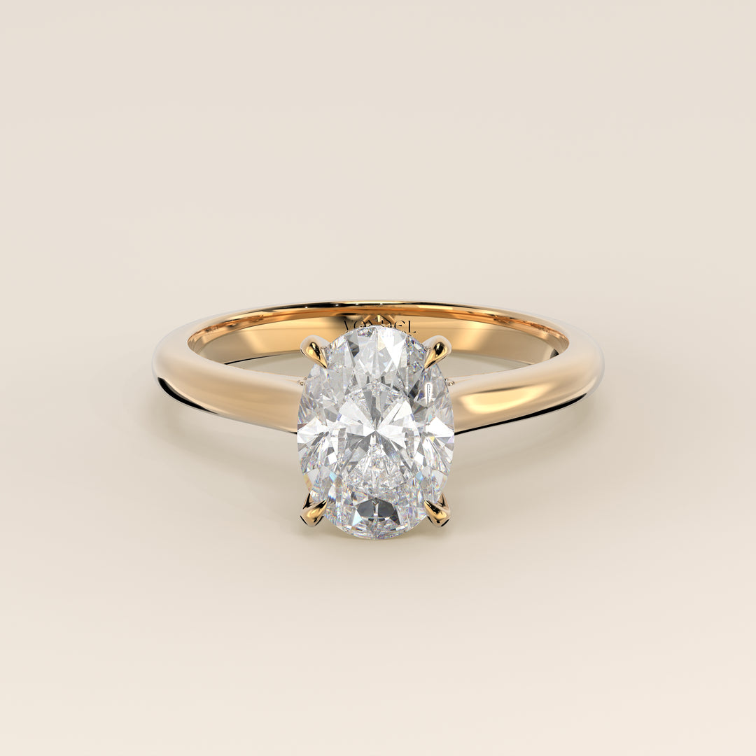 Verlovingsring ovaal lab grown diamant met cathedral setting, hidden halo en diamond bridge, geelgoud
