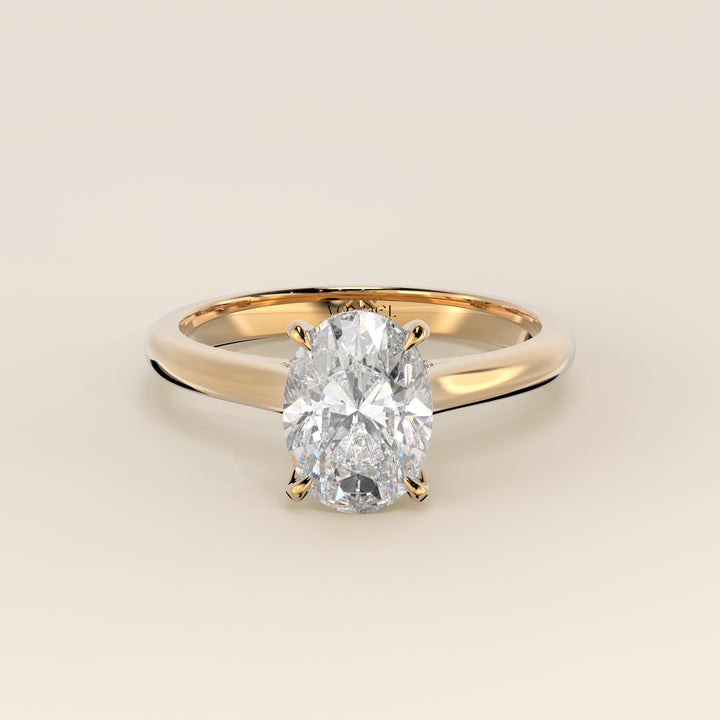 Verlovingsring ovaal lab grown diamant met cathedral setting, hidden halo en diamond bridge, geelgoud