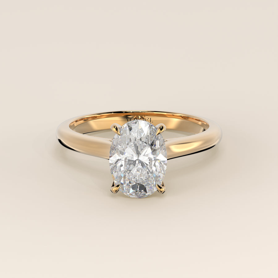 Verlovingsring ovaal lab grown diamant met cathedral setting, hidden halo en diamond bridge, geelgoud