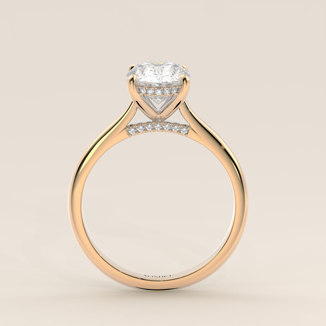 Verlovingsring ovaal lab grown diamant met cathedral setting, hidden halo en diamond bridge, geelgoud