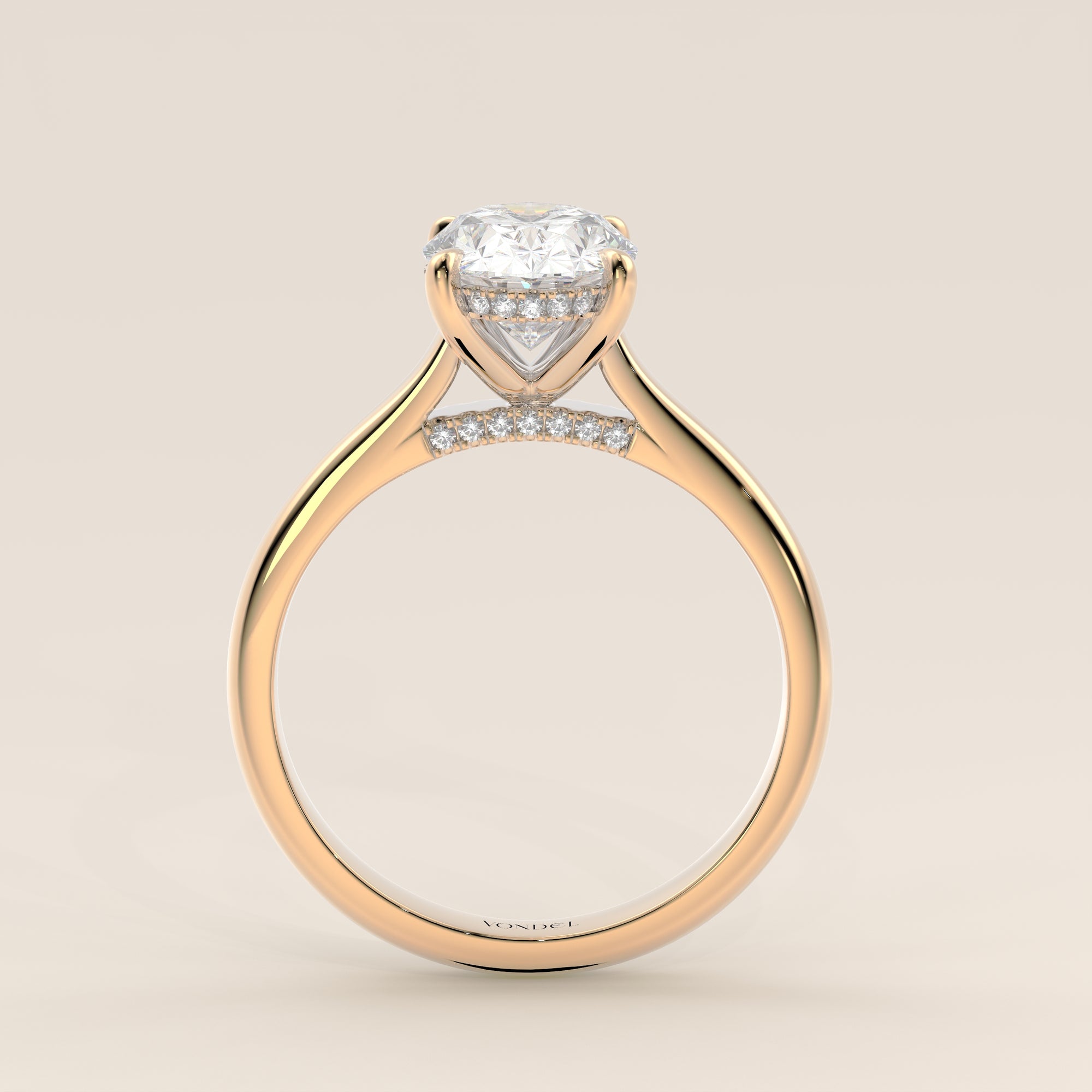 Verlovingsring ovaal lab grown diamant met cathedral setting, hidden halo en diamond bridge, geelgoud