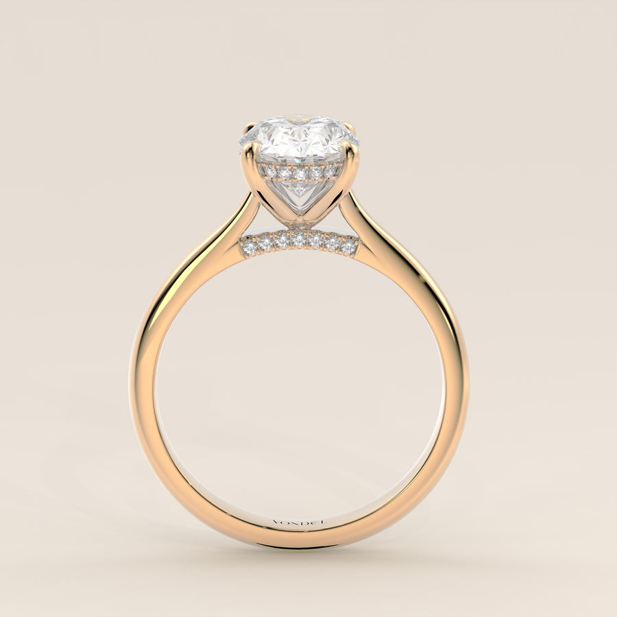Verlovingsring ovaal lab grown diamant met cathedral setting, hidden halo en diamond bridge, geelgoud
