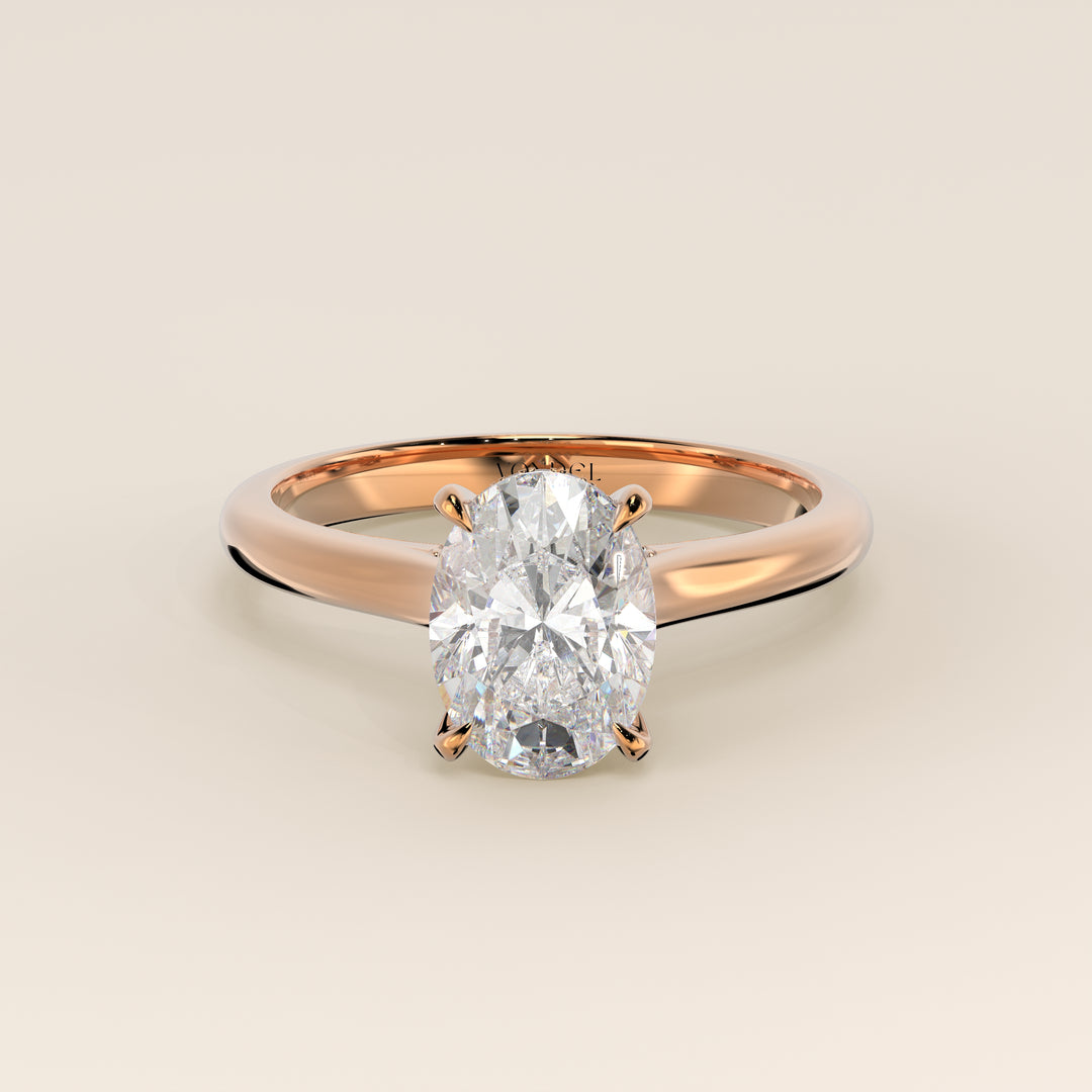 Verlovingsring ovaal lab grown diamant met cathedral setting, hidden halo en diamond bridge, rosegoud