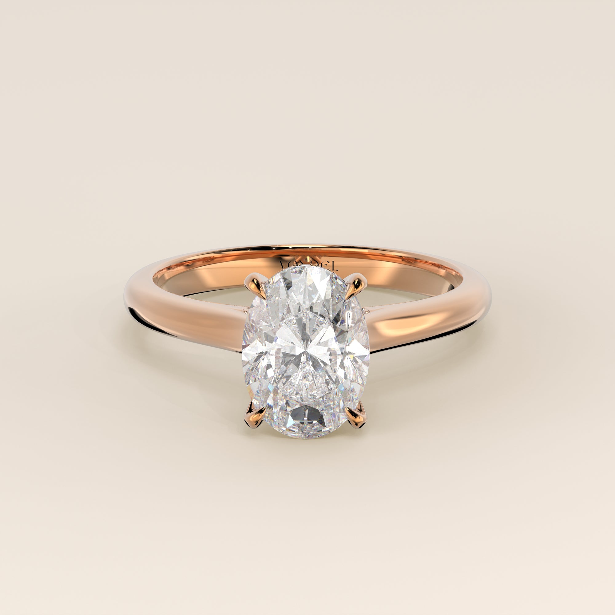 Verlovingsring ovaal lab grown diamant met cathedral setting, hidden halo en diamond bridge, rosegoud