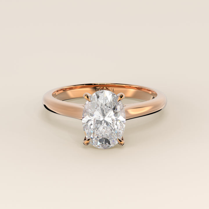 Verlovingsring ovaal lab grown diamant met cathedral setting, hidden halo en diamond bridge, rosegoud