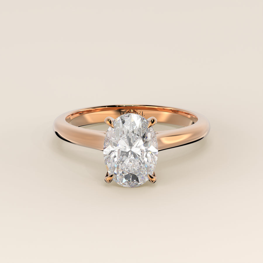 Verlovingsring ovaal lab grown diamant met cathedral setting, hidden halo en diamond bridge, rosegoud