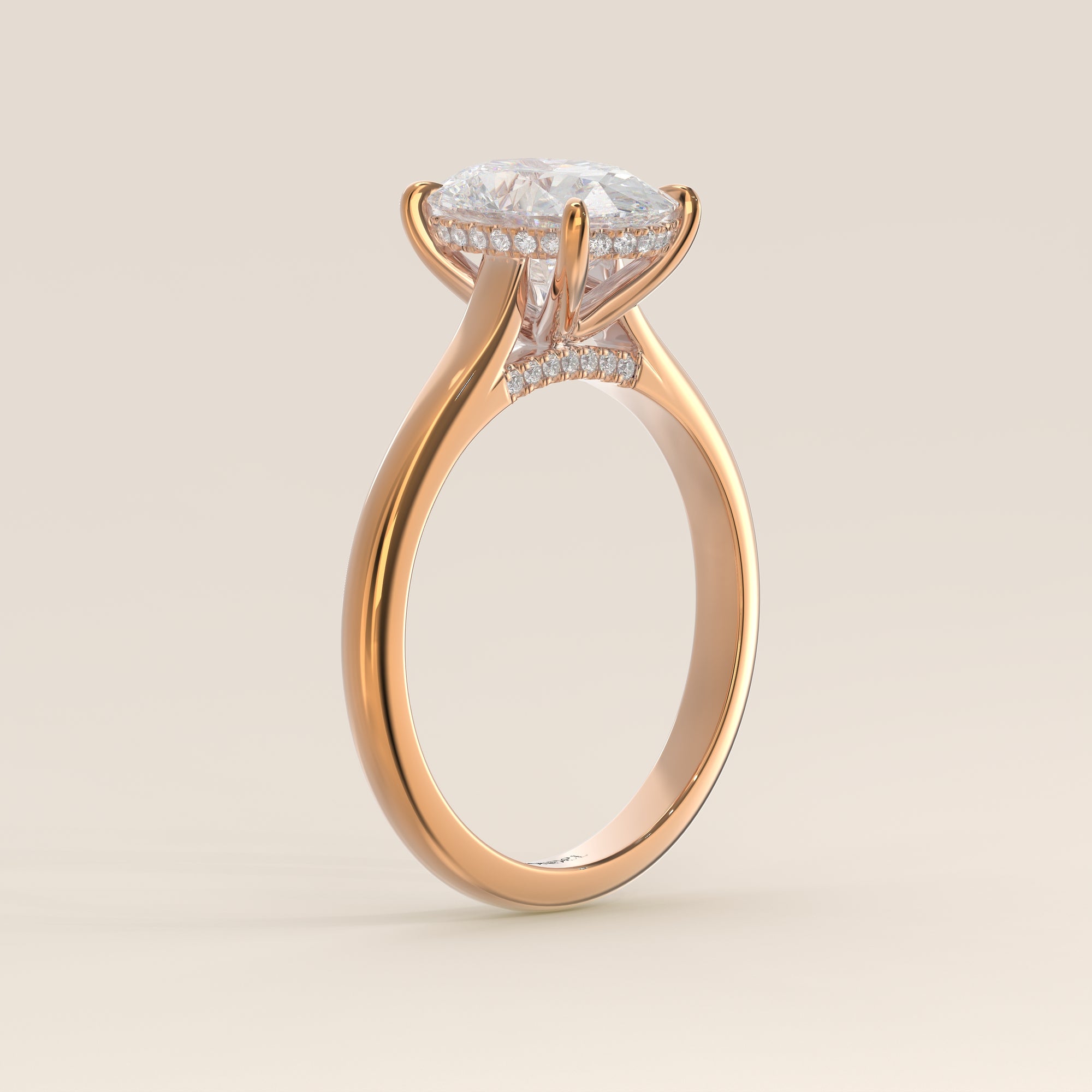Verlovingsring ovaal lab grown diamant met cathedral setting, hidden halo en diamond bridge, rosegoud