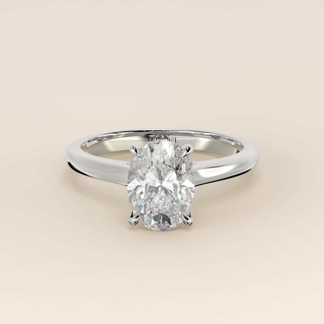 Verlovingsring ovaal lab grown diamant met cathedral setting, hidden halo en diamond bridge, witgoud