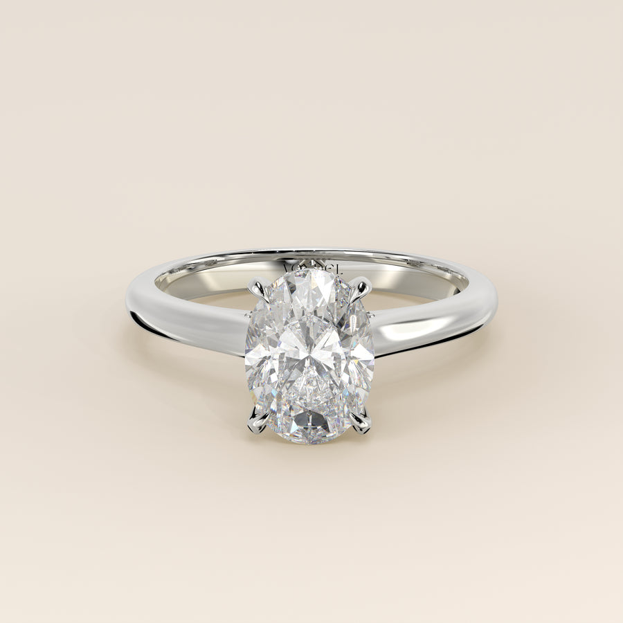 Verlovingsring ovaal lab grown diamant met cathedral setting, hidden halo en diamond bridge, witgoud
