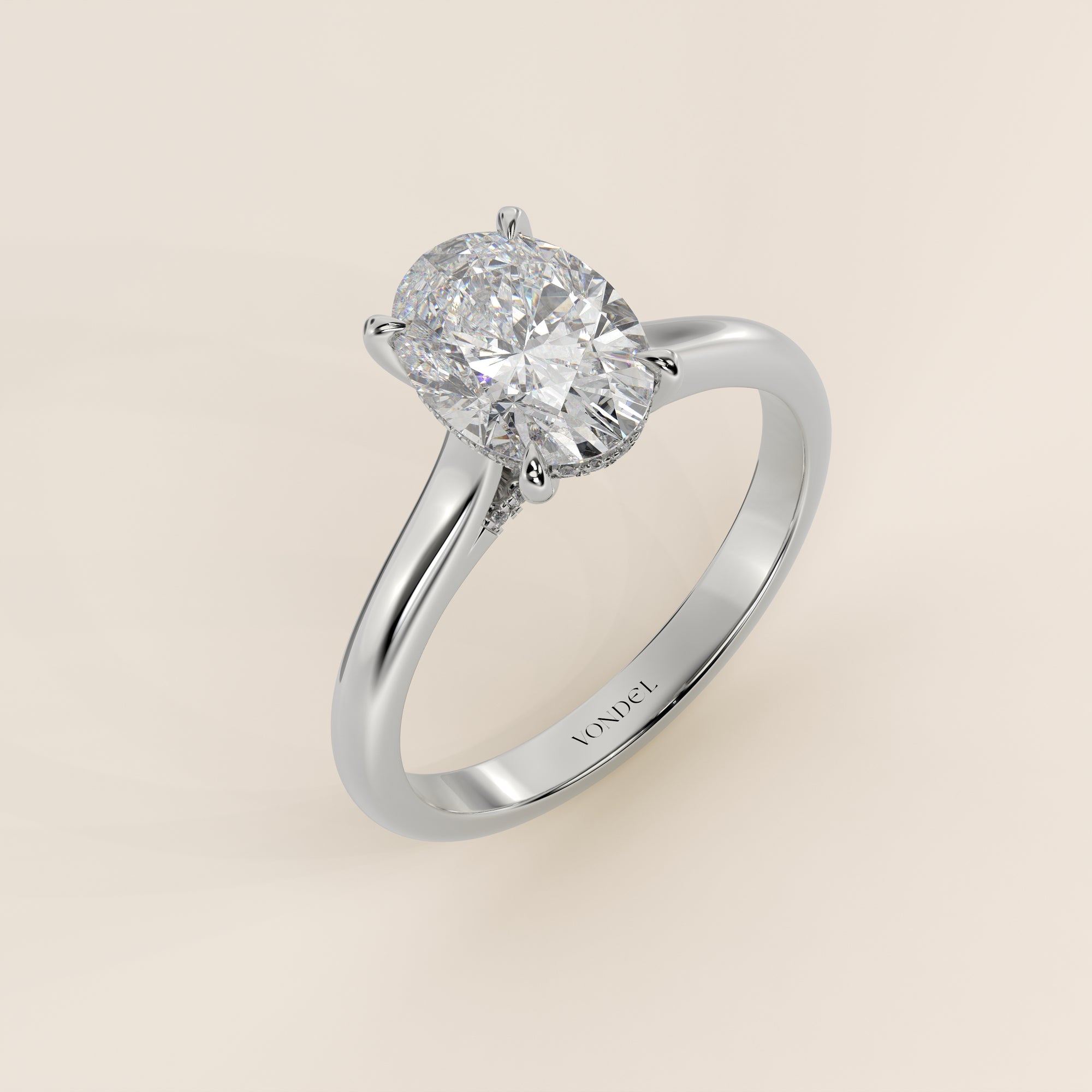 Verlovingsring ovaal lab grown diamant met cathedral setting, hidden halo en diamond bridge, witgoud