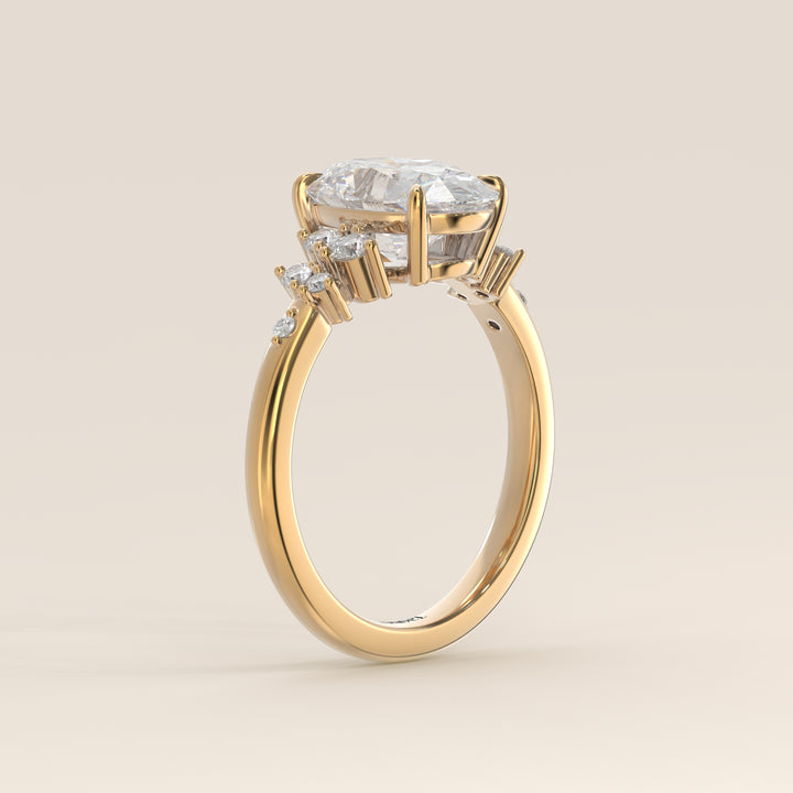 Verlovingsring ovaal lab grown diamant met hidden halo en lage zetting, geelgoud