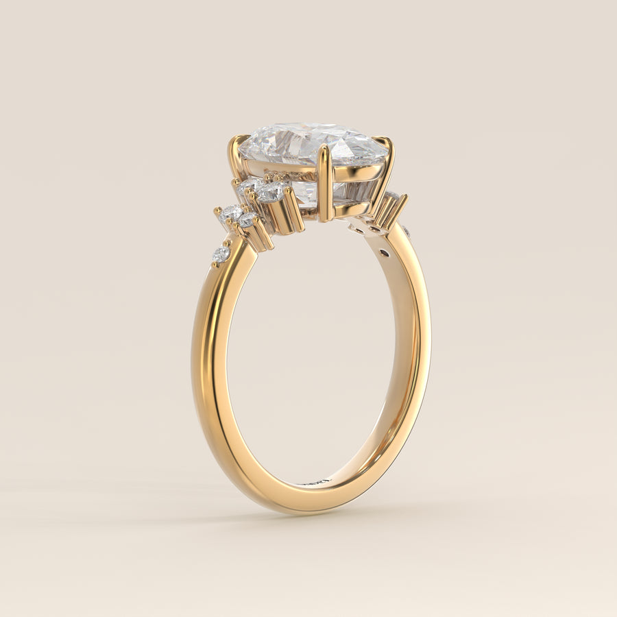 Verlovingsring ovaal lab grown diamant met hidden halo en lage zetting, geelgoud