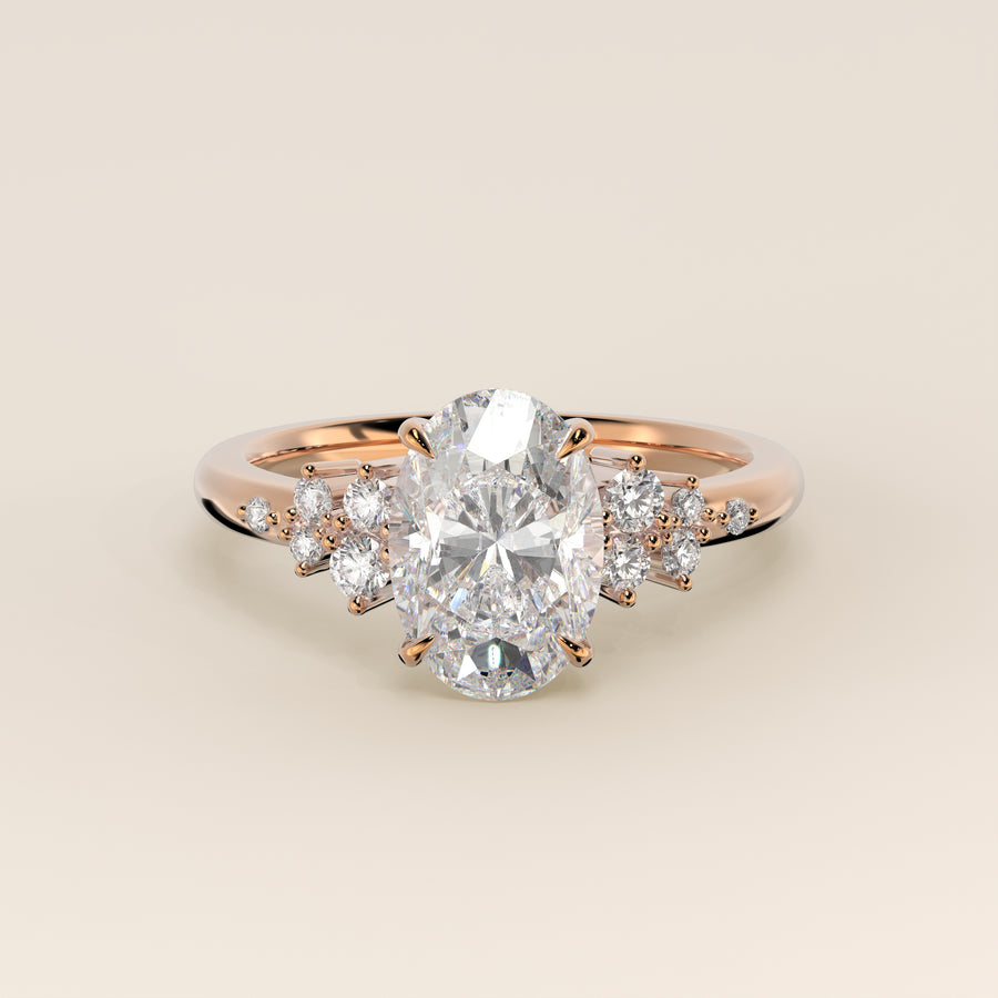 Verlovingsring ovaal lab grown diamant met hidden halo en lage zetting, rosegoud