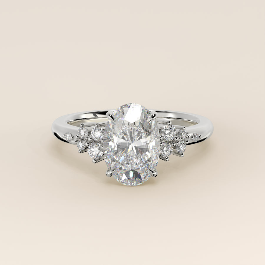 Verlovingsring ovaal lab grown diamant met hidden halo en lage zetting, witgoud