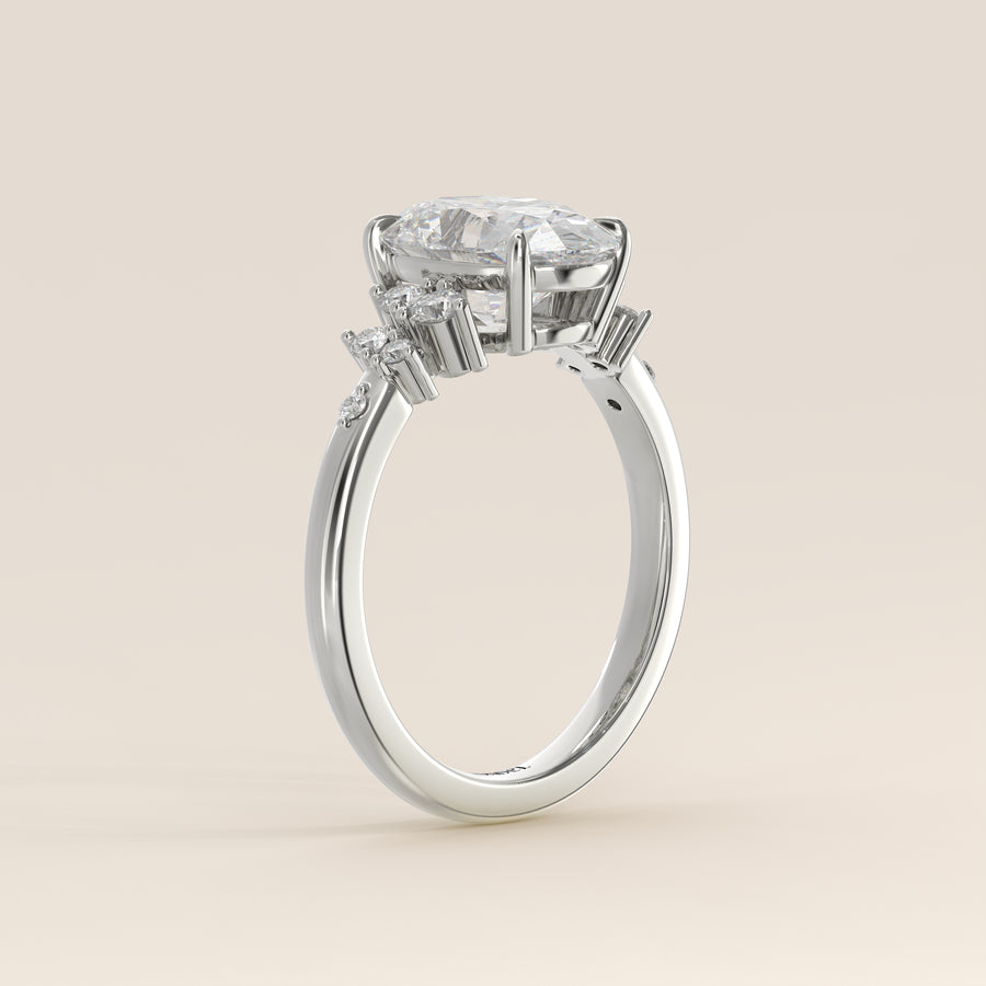 Verlovingsring ovaal lab grown diamant met hidden halo en lage zetting, witgoud