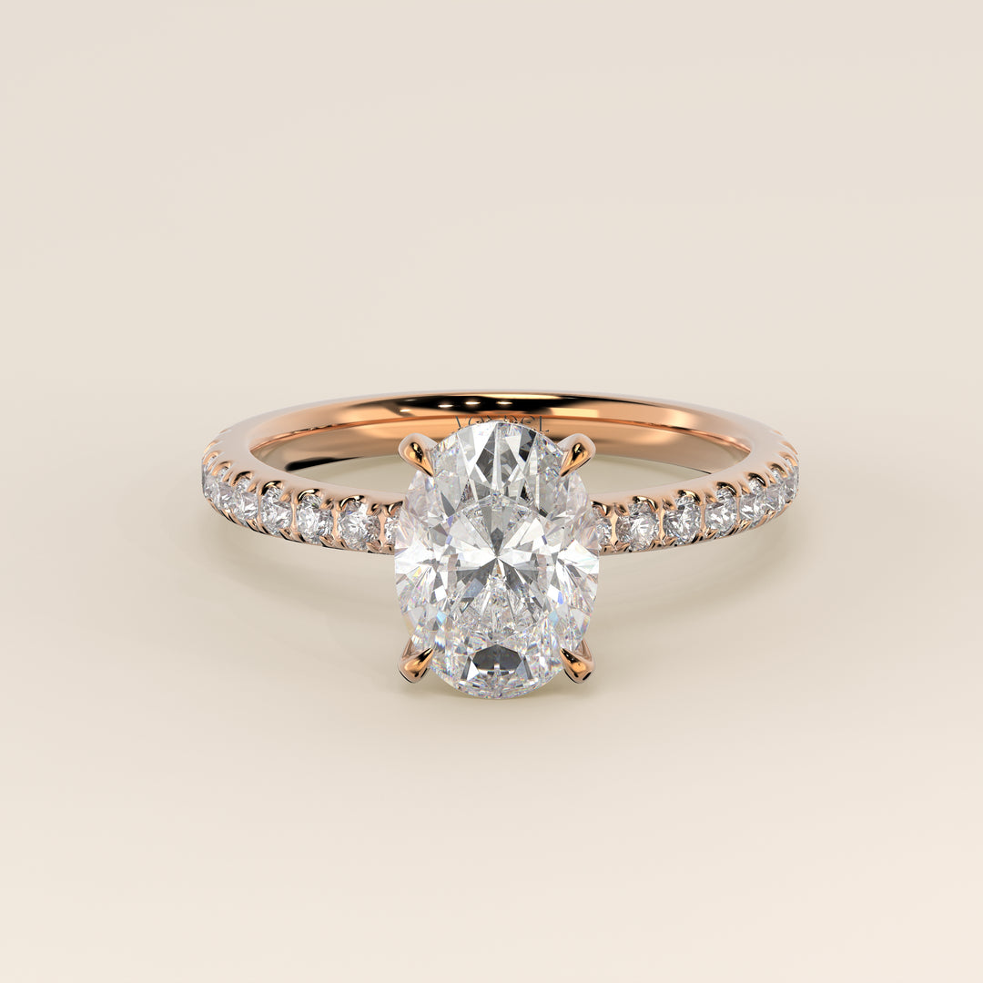 Verlovingsring ovaal lab grown diamant met hidden halo en pave band, rosegoud