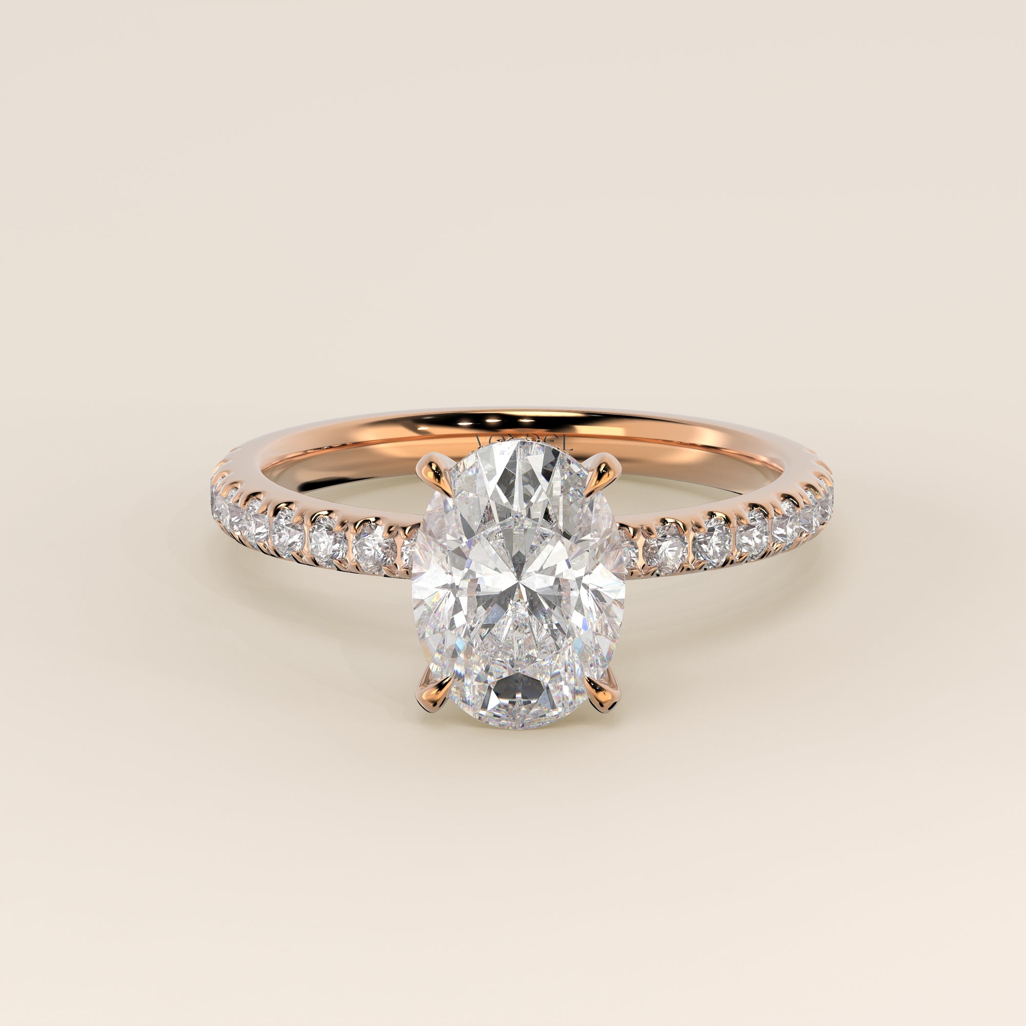 Verlovingsring ovaal lab grown diamant met hidden halo en pave band, rosegoud