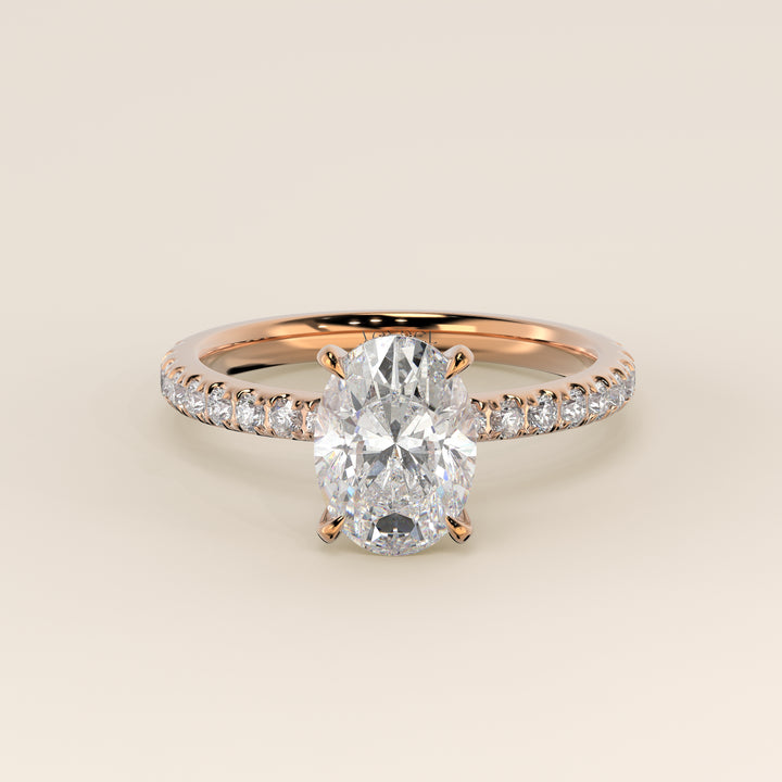 Verlovingsring ovaal lab grown diamant met hidden halo en pave band, rosegoud