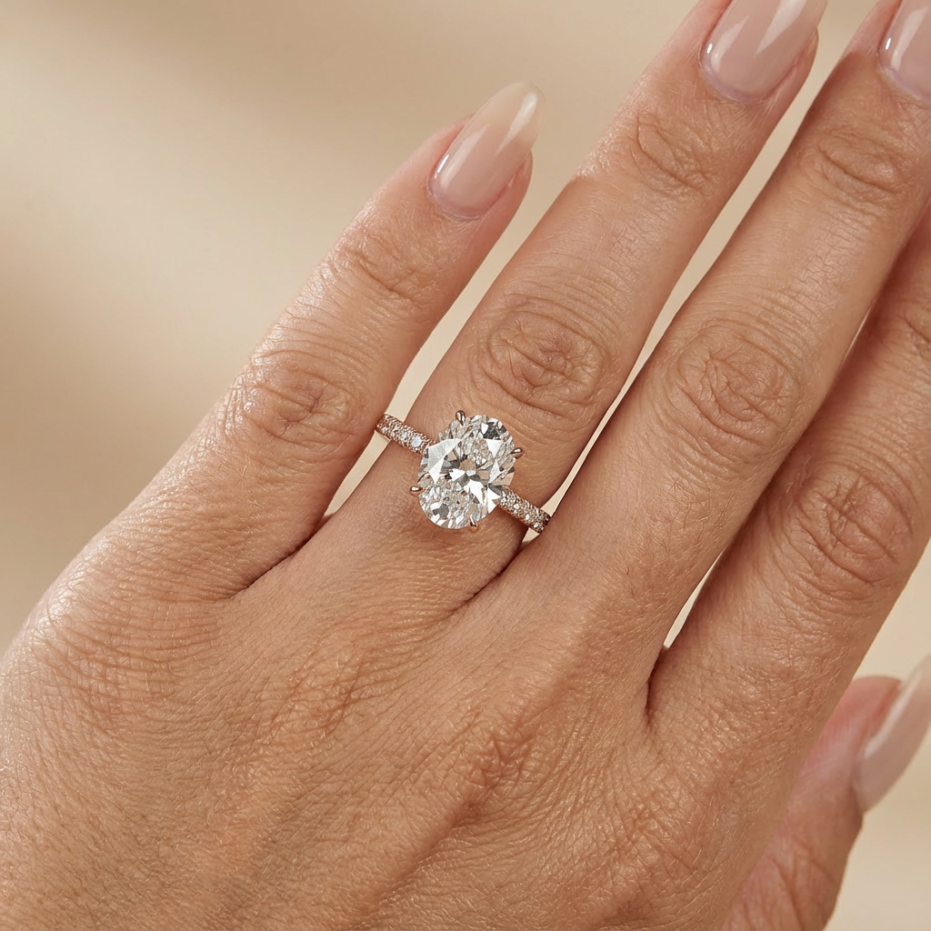 Verlovingsring ovaal lab grown diamant met hidden halo en pave band, rosegoud