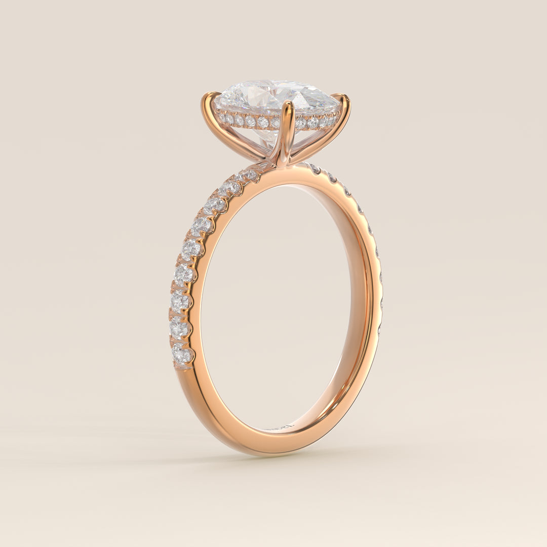 Verlovingsring ovaal lab grown diamant met hidden halo en pave band, rosegoud