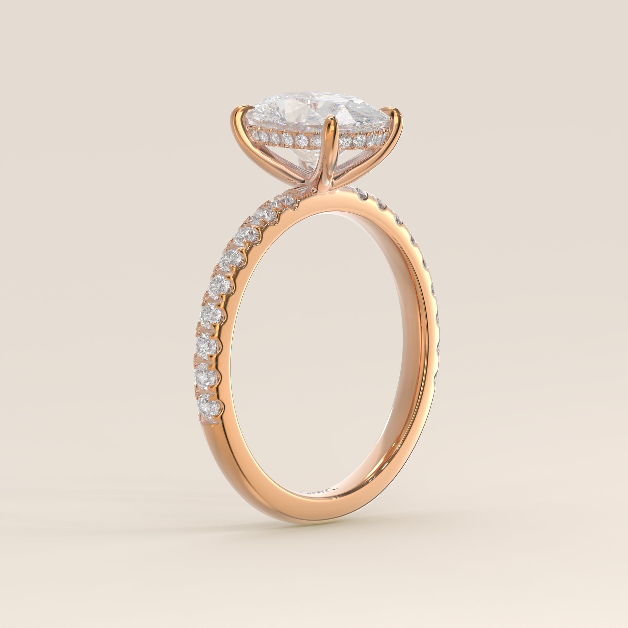 Verlovingsring ovaal lab grown diamant met hidden halo en pave band, rosegoud