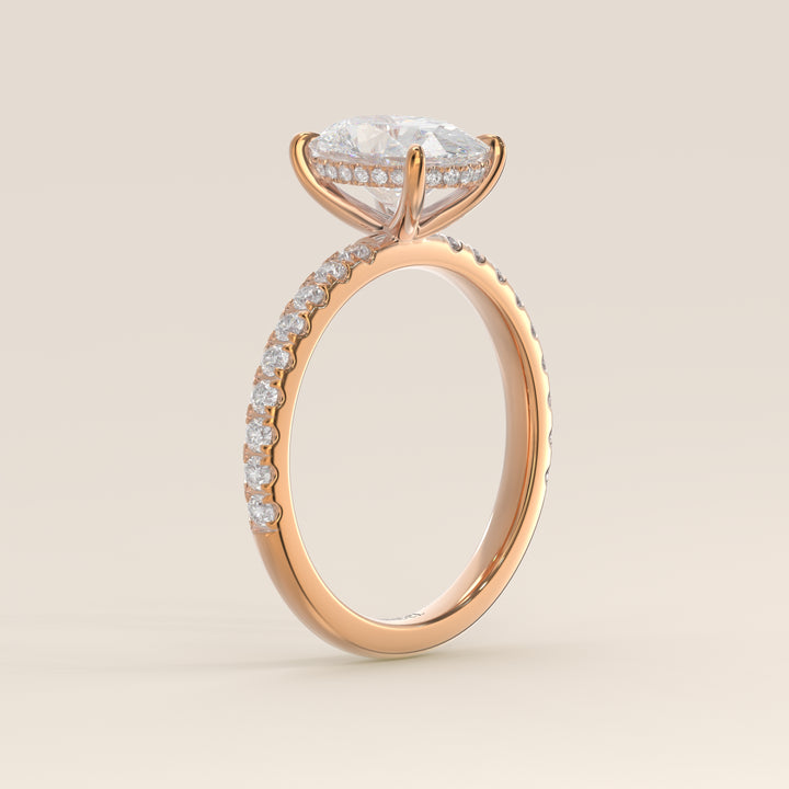 Verlovingsring ovaal lab grown diamant met hidden halo en pave band, rosegoud