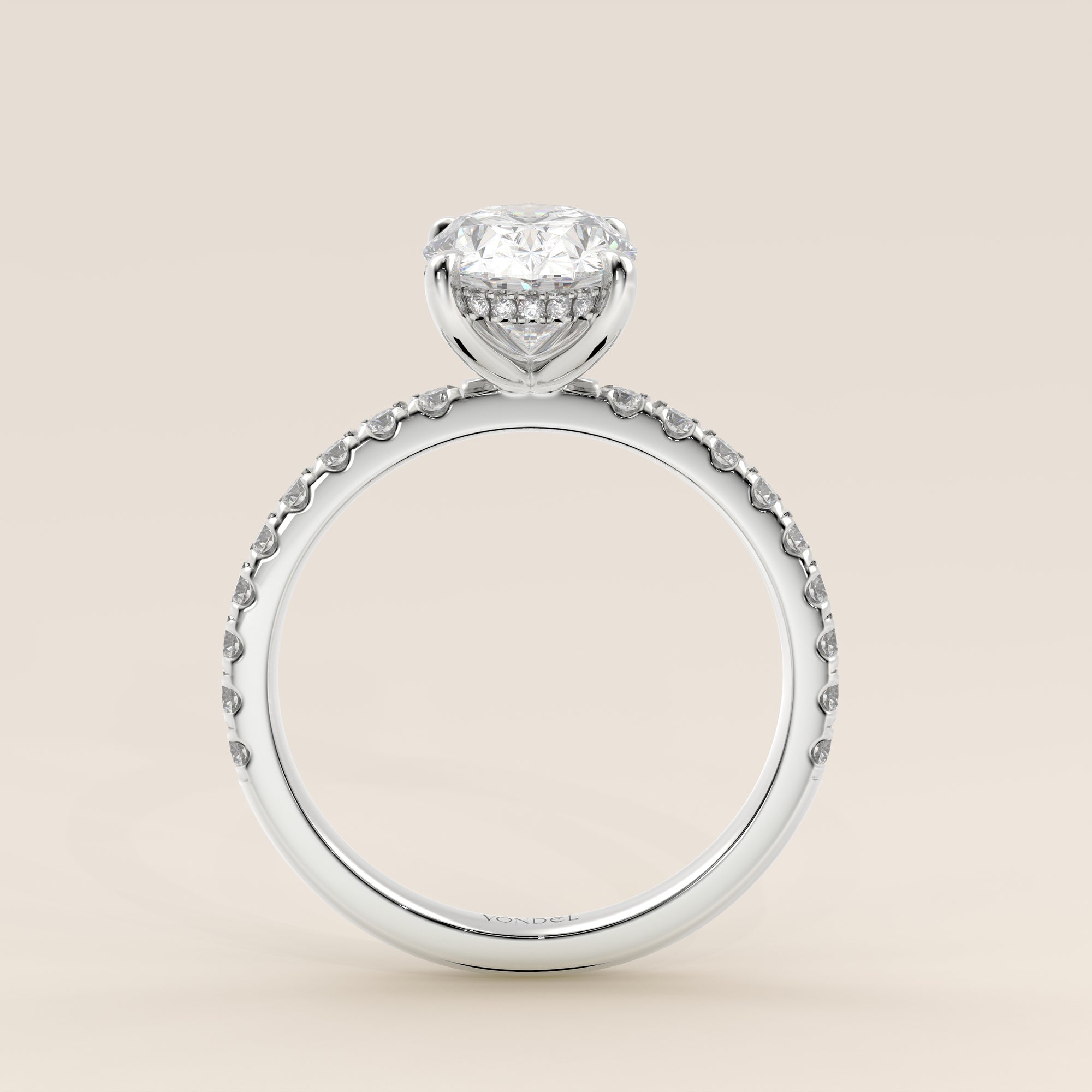 Verlovingsring ovaal lab grown diamant met hidden halo en pave band, witgoud