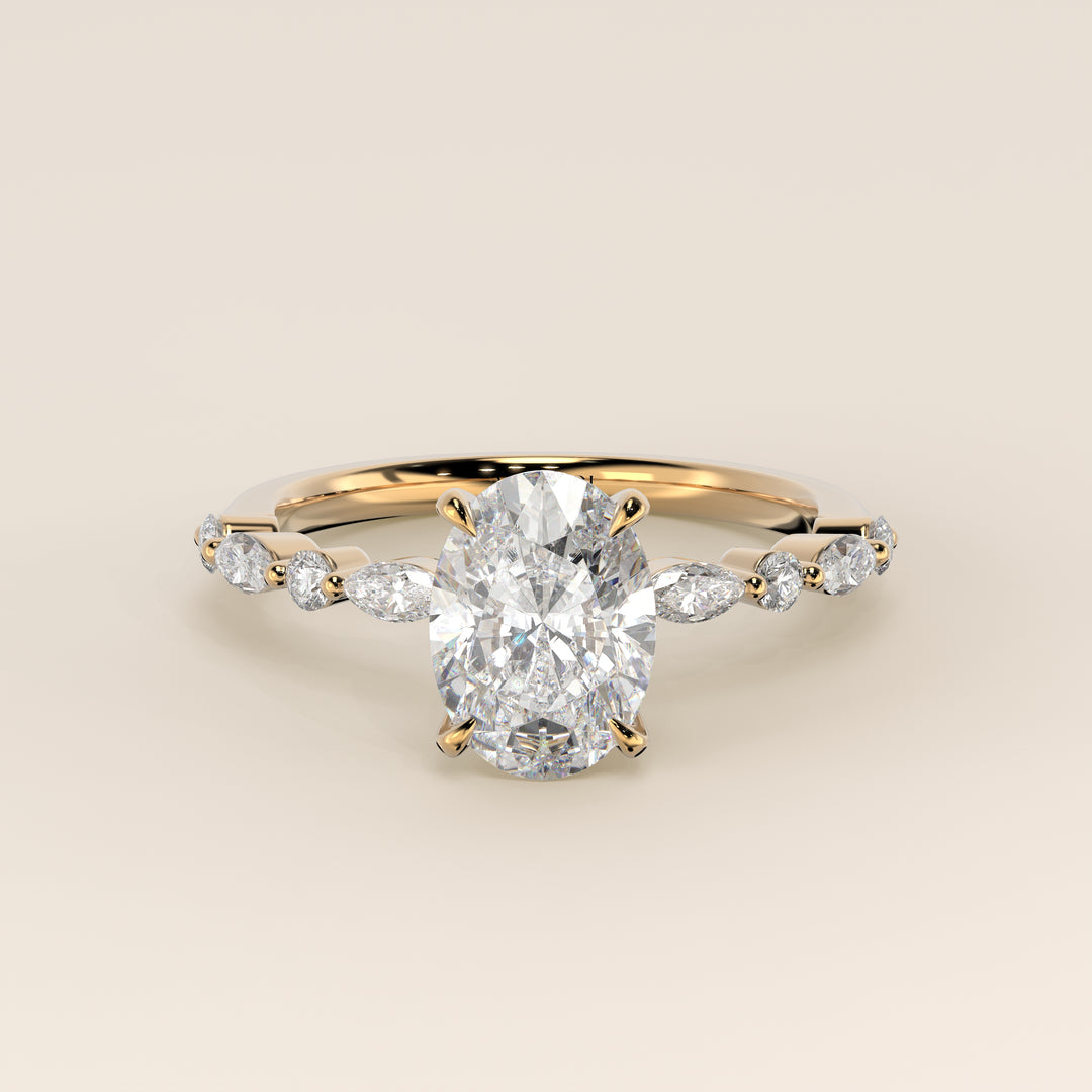 Verlovingsring ovaal lab grown diamant met marquise- en ronde diamantband, geelgoud