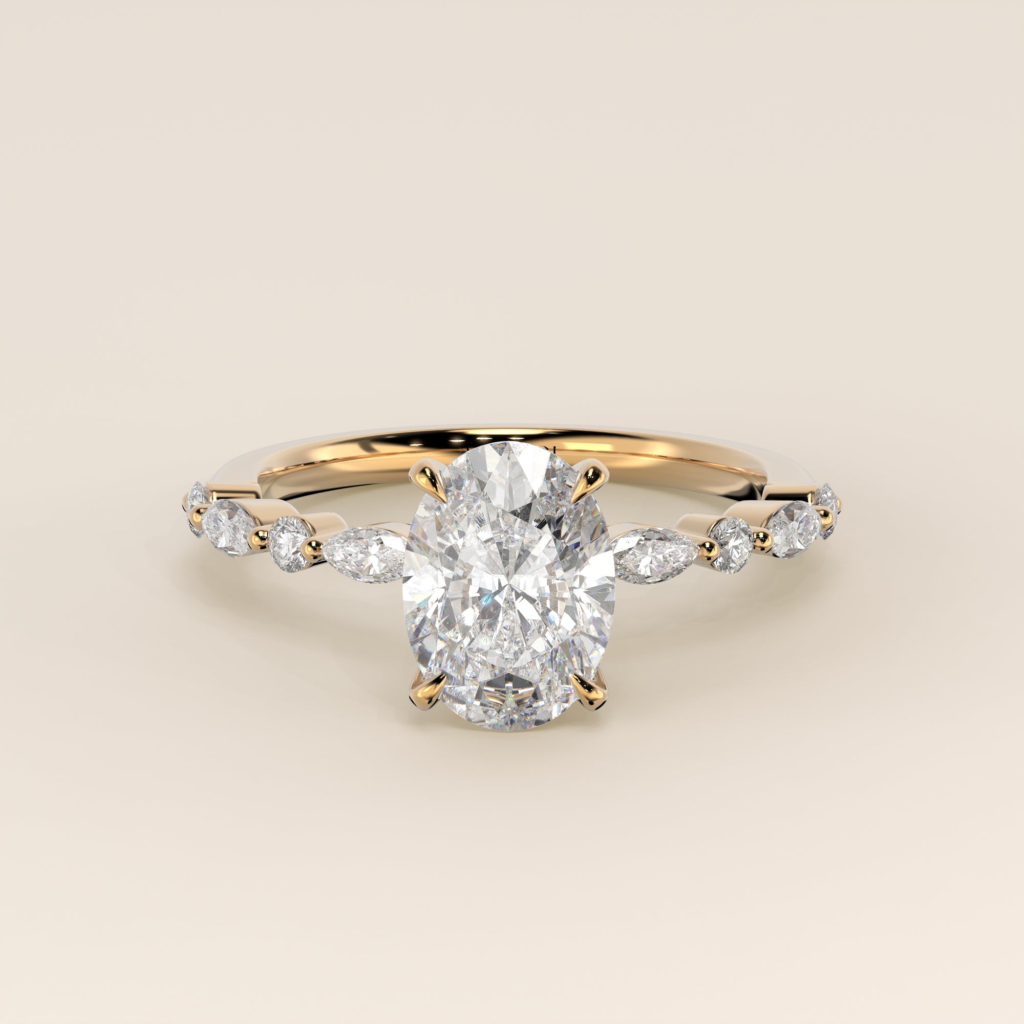 Verlovingsring ovaal lab grown diamant met marquise- en ronde diamantband, geelgoud
