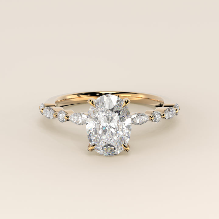 Verlovingsring ovaal lab grown diamant met marquise- en ronde diamantband, geelgoud