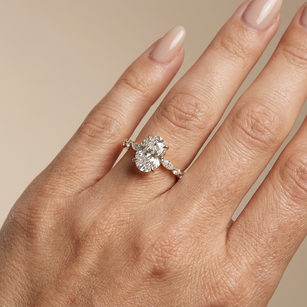 Verlovingsring ovaal lab grown diamant met marquise- en ronde diamantband, geelgoud